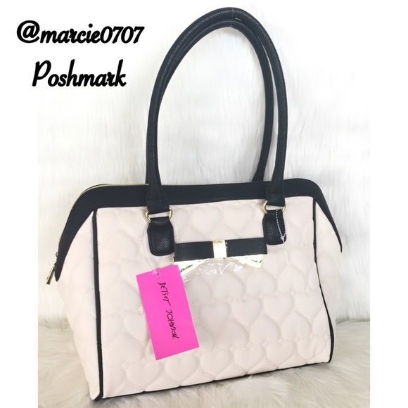 Betsey Johnson White Quilted Heart Satchel Handbag Black Trim Bow Purse Rare - Picture 5 of 10
